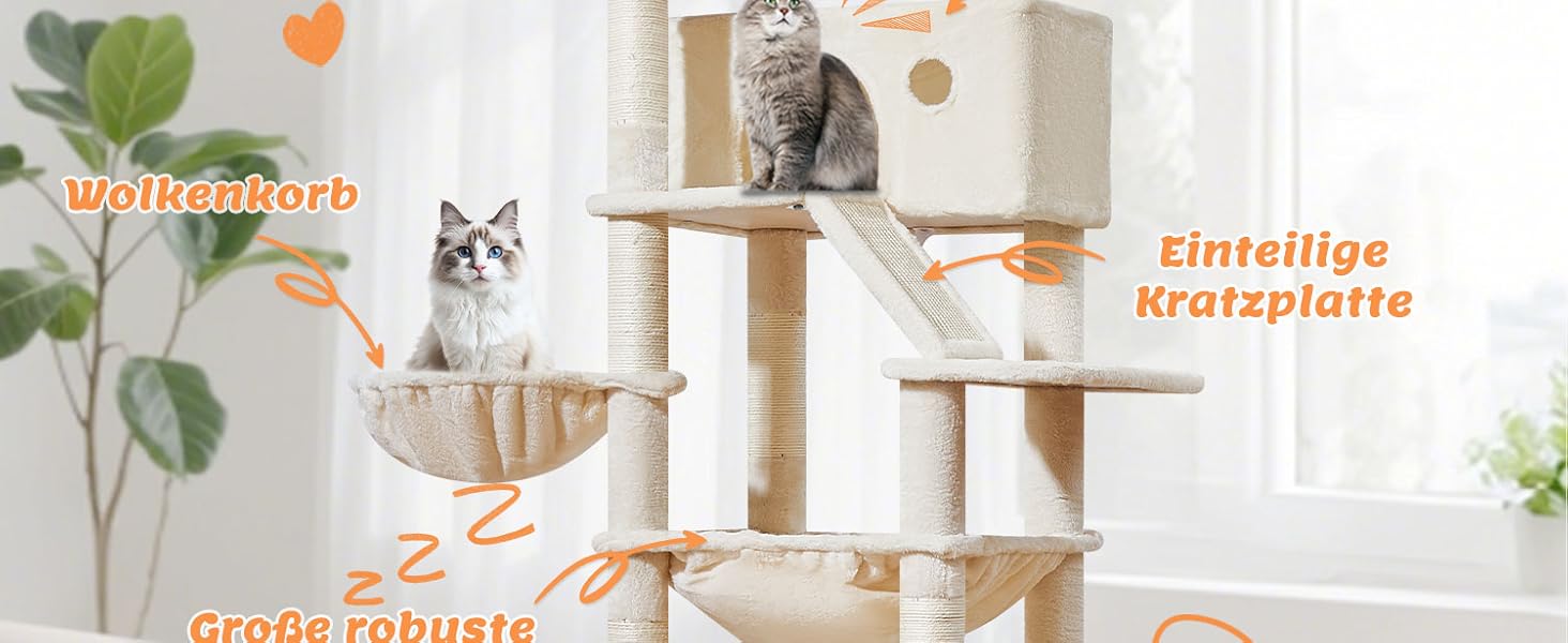 Дерев'яний кігтеточки Taoqimiao MS026W (Бежевий, 180 см) з 2 будиночками, гамаком та 8 кігтеточками