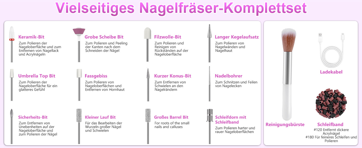 Електричний фрезер для нігтів Nagelfräser - 12 в 1, 35000 об/хв, для гелю, акрилу, манікюру та педикюру, сірий