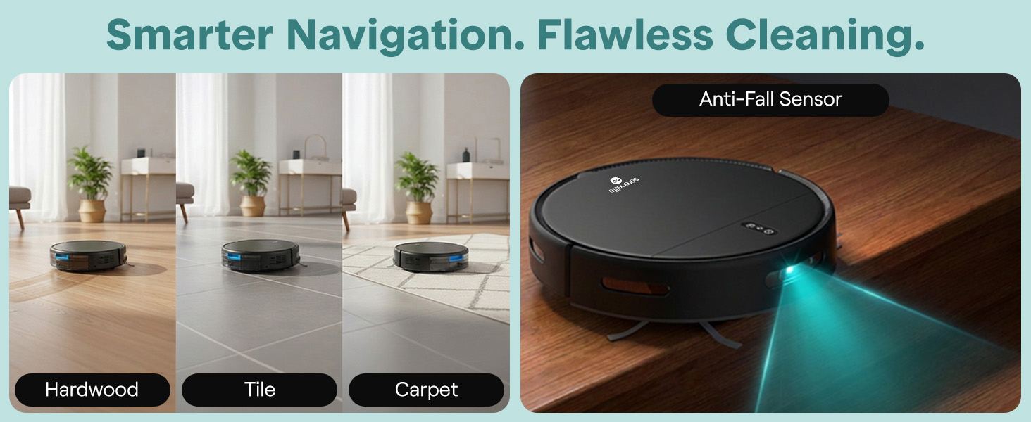 Робот-пилосос SereneLife 3-в-1 з функцією миття підлоги, з керуванням через додаток, для збору шерсті тварин та прибирання килимів (3000Pa, чорний)