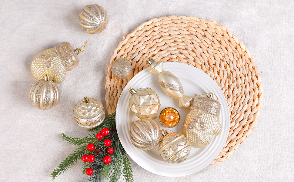 Набір прикрас на ялинку Alupssuc 80 шт. з різних форм, з гачками, для свят, вечірок та весіль, безпечний пластик, колір шампань-золото