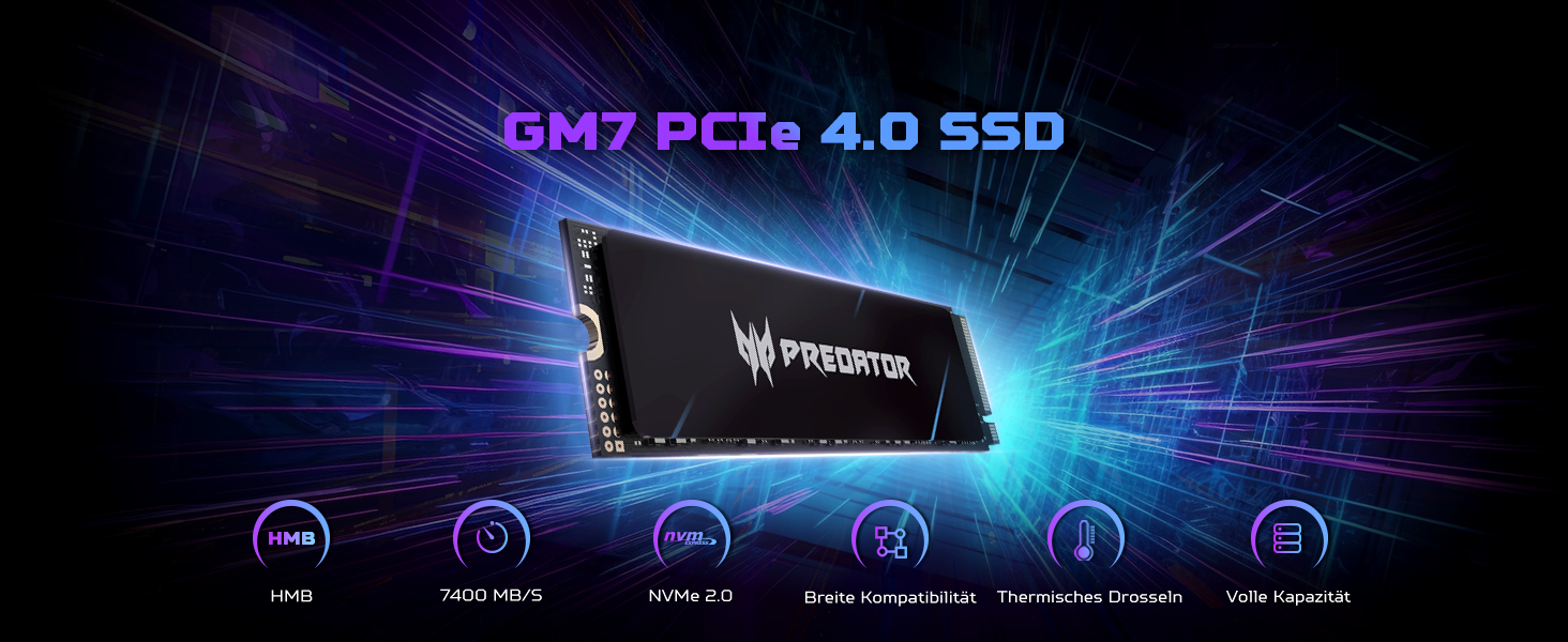 SSD Acer Predator GM7 1TB M.2 NVMe PCIe 4.0 - Швидкість читання до 7400 МБ/с - для ПК, ноутбука, PS5