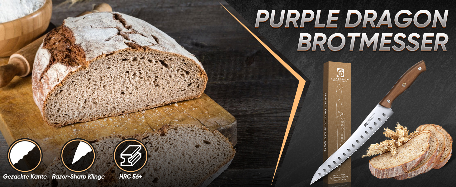 Ніж для хліба Purple Dragon Brotmesser з хвилястим лезом та ергономічною ручкою, з високоякісної німецької сталі, для свіжоспеченого хліба, закваски, тортів, гостре лезо