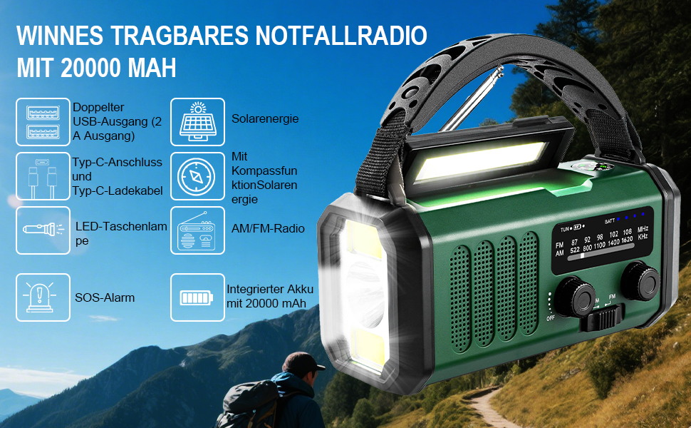 Радіо Winnes на 20000 mAh з живленням від сонця, SOS, FM/AM, ліхтарик, компас - для кемпінгу та надзвичайних ситуацій