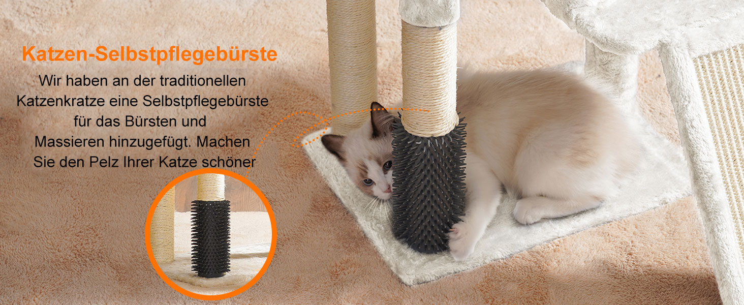 Котячий будиночок Heybly з щіткою для котів, котячий будиночок для домашніх котів з м'якою підставкою з плюшу, котячий когтетоп з кошиком, когтеточкою та когтедровом, HCT005SG (Бежевий)