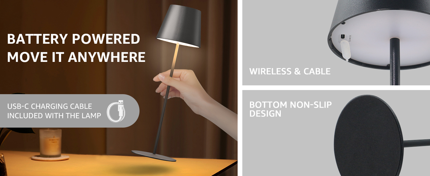 LED настільна лампа FUYO з USB-C зарядкою, акумуляторна, для дому та вулиці, сенсорне керування, регулювання яскравості 2700K-6000K, 3 кольори, для вітальні, спальні, балкона, саду, тераси (сірий), 2 шт. в упаковці