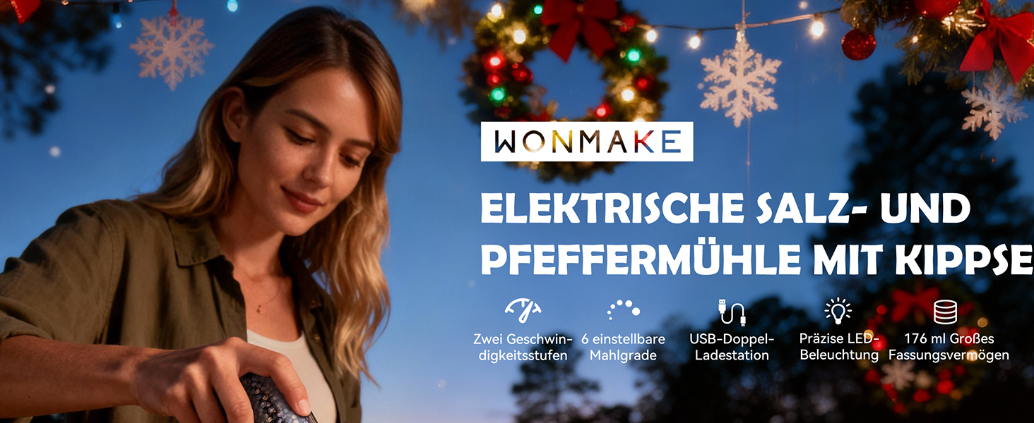 Електрична млин для солі та перцю WONMAKE, з підсвіткою LED, 6 режимів помелу, чорний