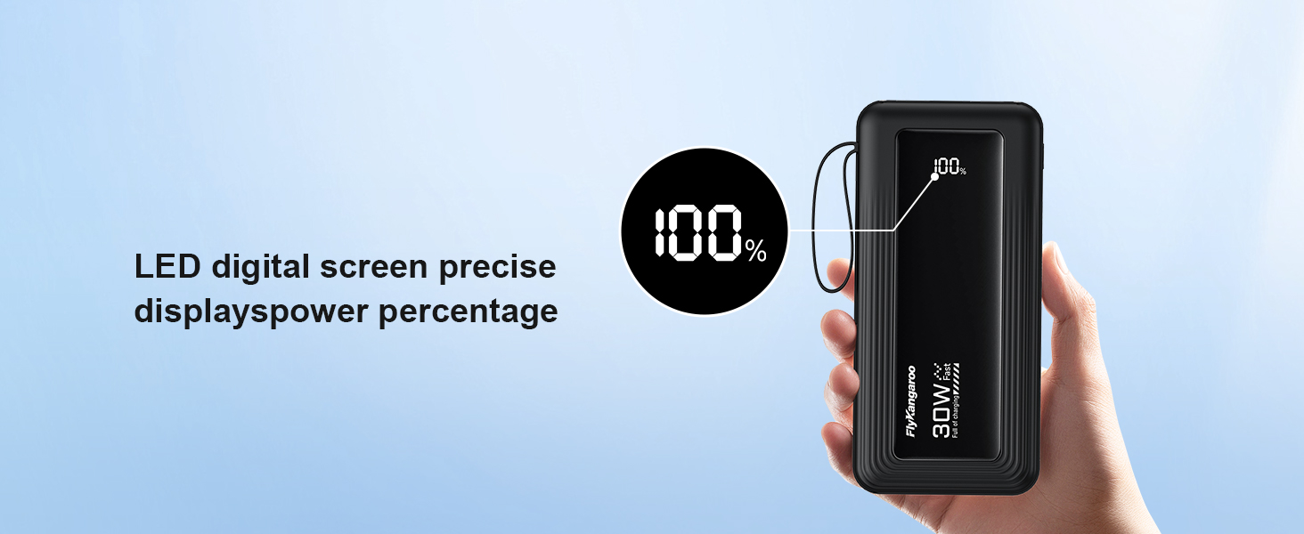 Повербанк 27000mAh з 4 вбудованими кабелями та LED-дисплеєм, швидка зарядка 30W USB-C для iPhone, Samsung, iPad та Android, небесно-блакитний