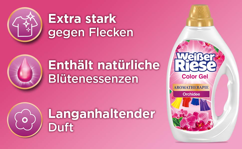 Гель для прання кольорових речей Weißer Riese Color Gel Aromatherapie Floral Sensation з орхідеєю, 6х22 прань, для сяючої чистоти та аромату
