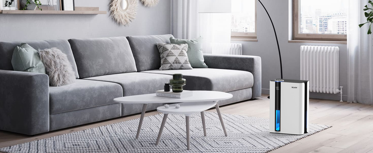 Електричний осушувач повітря Sejoy з пультом дистанційного керування, LED-індикатором вологості, резервуаром 2,5 л, продуктивністю 1000 мл/день, 7-кольоровою підсвіткою, портативний, тихий режим сну 35dB