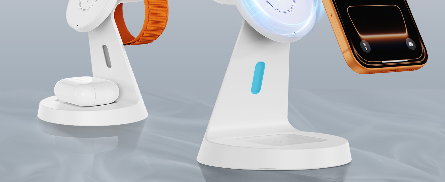 Зарядна станція JoyGeek 3-в-1 для Apple Watch, iPhone (MagSafe), AirPods (біла) - Бездротова зарядка для iPhone 12-15, iWatch 11-2/Ultra/SE, Airpods 2-4