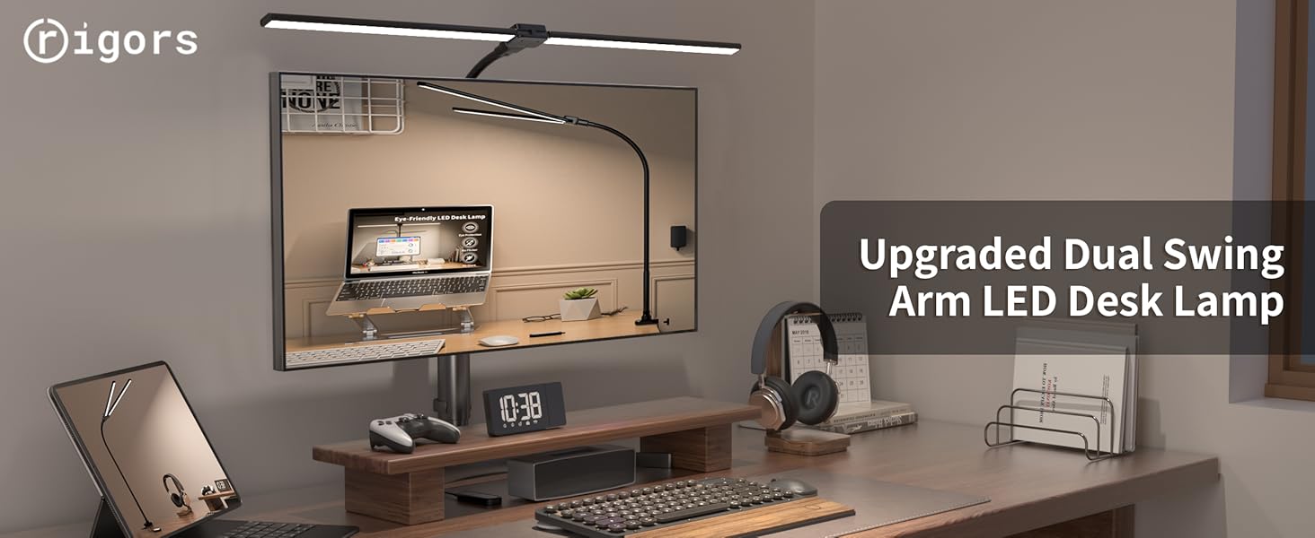 LED настільна лампа Rigors 60см з регулюванням яскравості, 900LM, захист очей, 5 кольорів, 10 рівнів яскравості, гнушкий 360° «лебединий» шийка, для офісу та дому