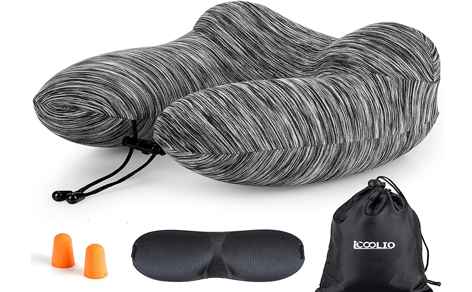 Подушка для шиї у подорожах: надувна, для автомобіля та літака, з маскою для сну, блакитна