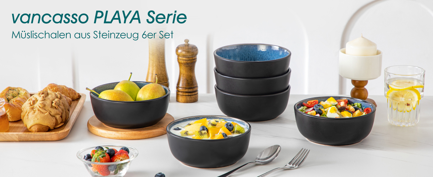 Набір тарілок/мисок Vancasso PLAYA, 6 шт., блакитні, з кераміки (6 мисок, супові тарілки, салатники, паста)