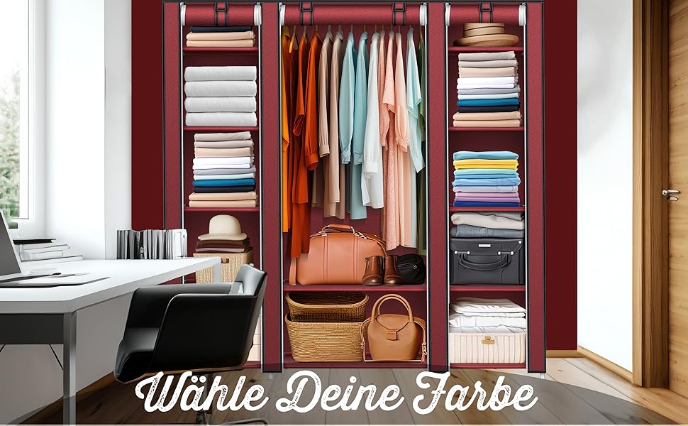 KESSER® Wardrobe Clothes Rack Stable with Clothes Rail & Shelves, Incl. 5x Clothes Hangers, Fabric Folding Wardrobe for Bedroom, Dressing Room, Clothes Rack 150x45x175cm (Burgundy Red)