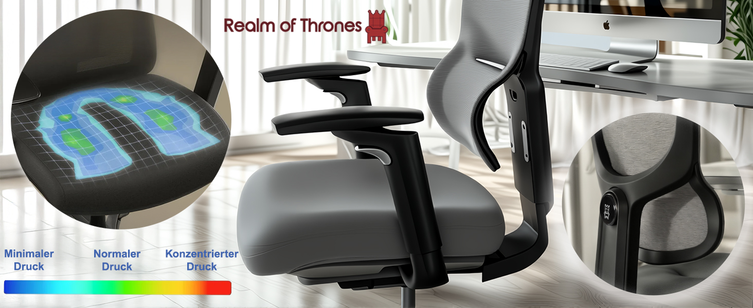 Офісний стіл Realm of Thrones CAPTAIN Deluxe: ергономічний стілець з регульованою поперековою підтримкою, дихаюча спинка, комфортне сидіння, сталева база, відкидні підлокітники (сірий)