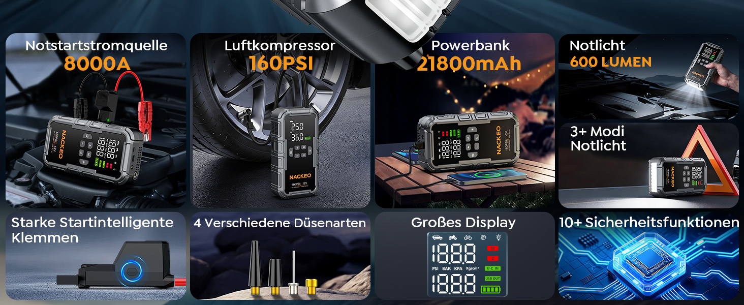 Powerbank для автомобіля з компресором 160PSI та пусковим струмом 12V (бензин/до 12L дизель) з LED-ліхтарем та LCD-дисплеєм