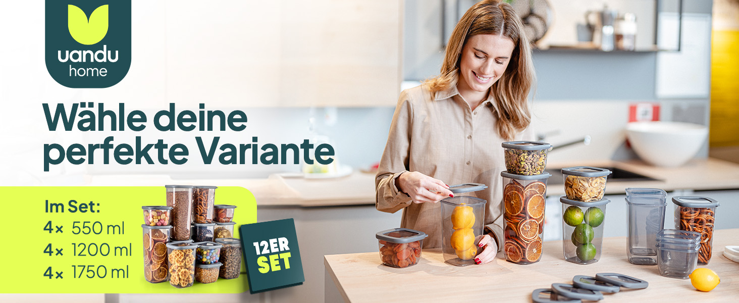 Контейнери для зберігання Uandu з кришкою, герметичні - набір 12 шт. | Організація кухні, зберігання продуктів | Без BPA | Кухонні контейнери для сухих продуктів (18 Mix-сірий)
