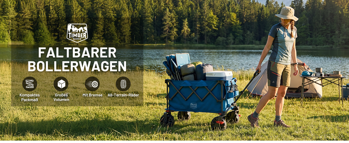 Візок-тележка Timber Ridge XXL 250л синій, складаний, універсальний для кемпінгу, покупок, саду з гальмами та тримачем для напоїв