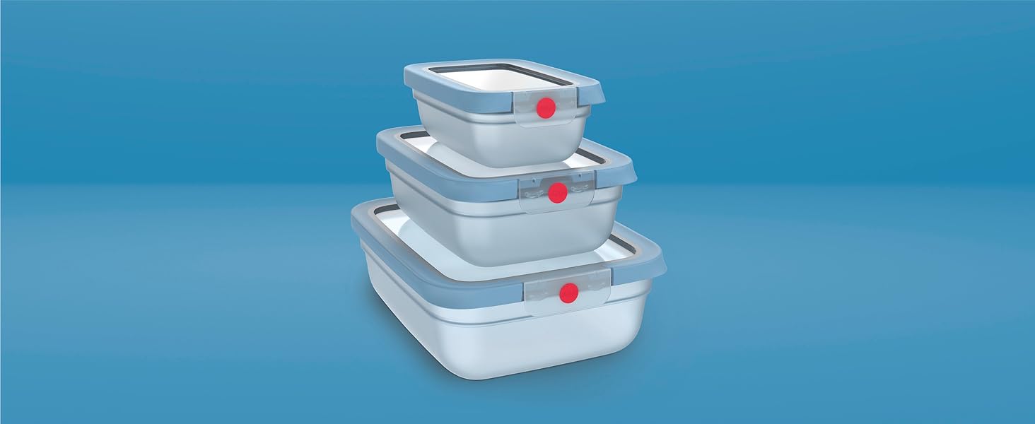 Контейнери для зберігання продуктів Emsa oneClick, набір 5 шт (0.5л x2, 1.2л x2, 2.3л x1), блакитні, Німеччина - герметичні, для морозилки, мікрохвильовки, посудомийки