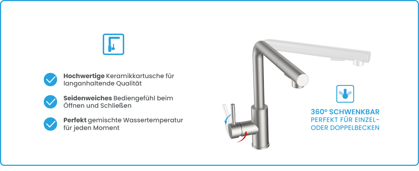 Кухонний змішувач Bächlein Varvaro – поворотний на 360° з висувним шлангом та душем – нержавіюча сталь