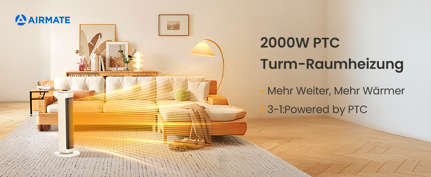 Електричний обігрівач AIRMATE 63см: керамічний, тихий, з термостатом та осциляцією, 3 режими, таймер, 2000W, захист від перегріву, білий