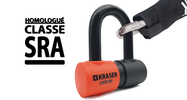 Замок-ланцюг KRASER KR50120L для мотоцикла, дисковий захист від крадіжки, U-образний замок Ø18 мм + ланцюг 120 см Ø13,5 мм, система петлі, сертифікат SRA, для мотоциклів та скутерів