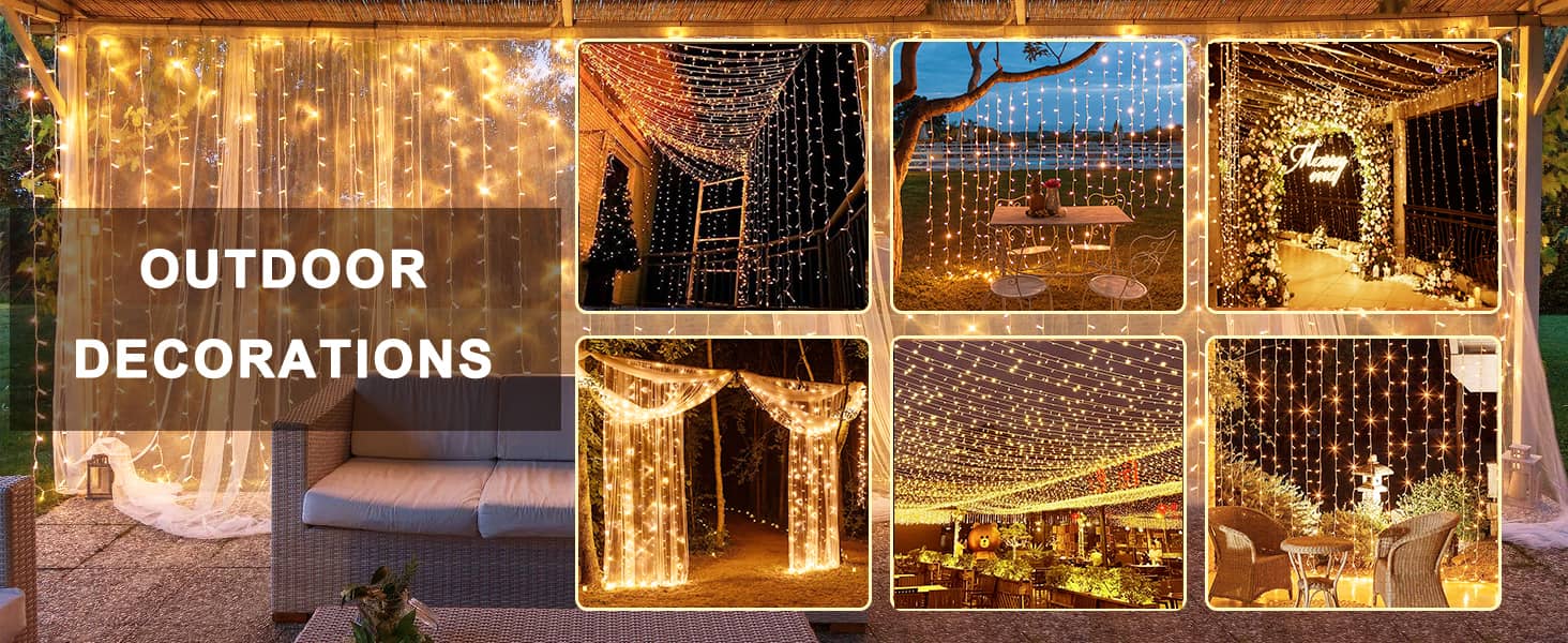 Лямпаденний завіс 6м x 3м, 600 LED, з вилкою, таймером, 8 режимів, вологостійкий, тепле світло. Ідеально для декору вікна, павільйону, саду, на Різдво.