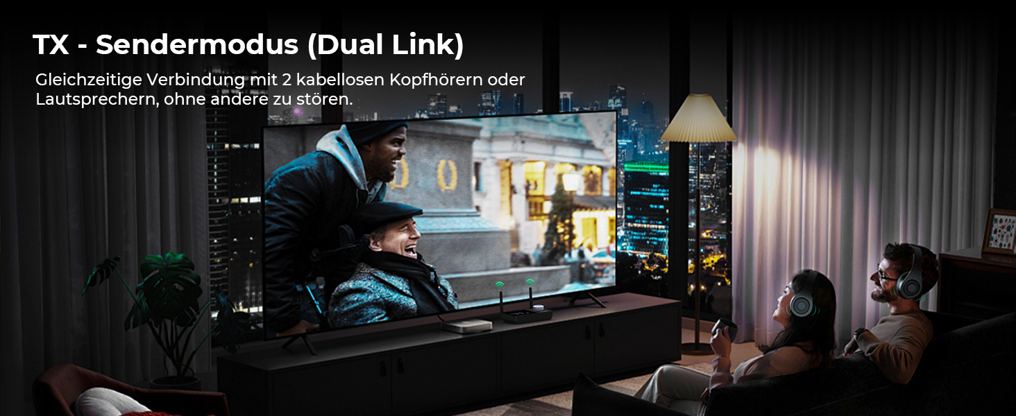 SOOMFON Bluetooth 5.3 Передавач-Приймач для 2 навушників, 3-в-1 Аудіоадаптер з подвійною антеною, Bluetooth Передавач-Приймач для ТВ/Стереосистеми, з регулюванням гучності, Aux/Cinch/Оптичний