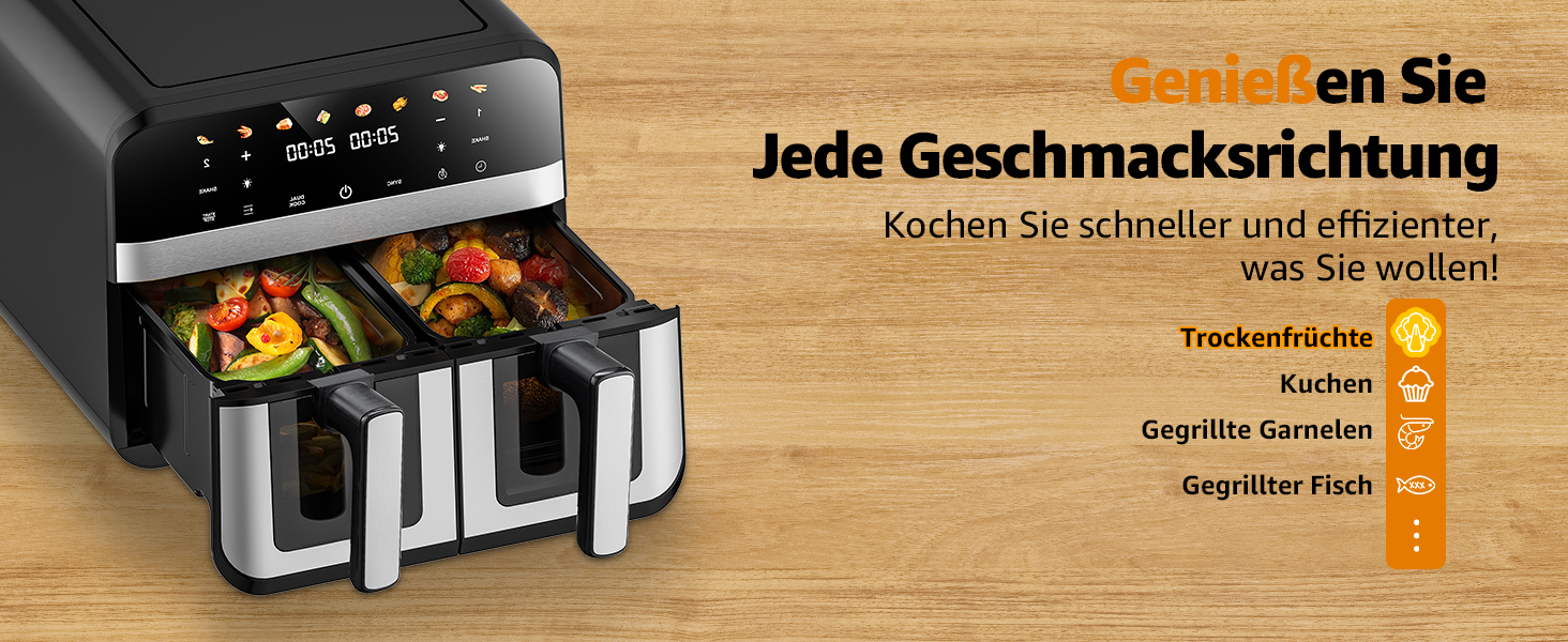 Фритюрниця повітряна Jacgood з 2 кошиками, 1800W, 9L, цифрове керування, 8 меню, з прозорим вікном