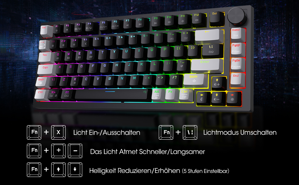 KOORUI Механічна ігрова клавіатура QWERTZ з RGB-підсвічуванням (104/82 клавіші) для Windows/MacOS/Linux