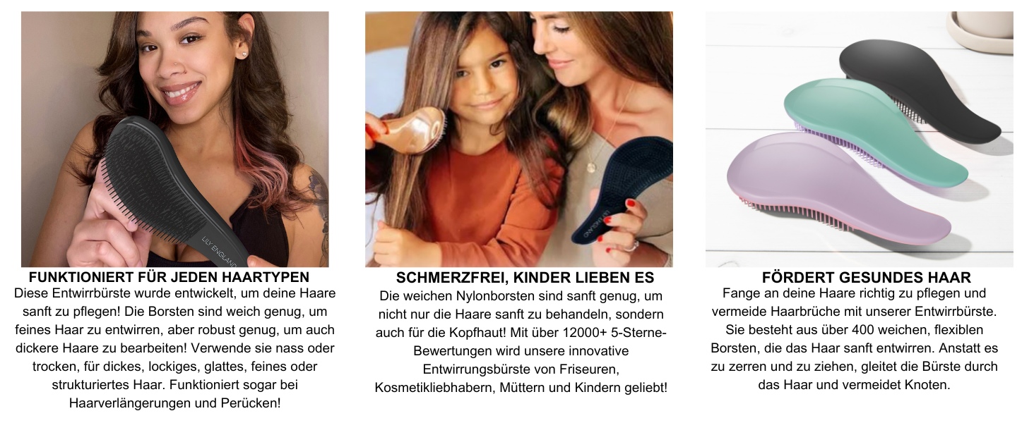 Розпушувальна щітка Lily England для густого, тонкого, кучерявого волосся - професійна розпушувальна щітка для дітей, жінок та малюків - веган, чорний колір