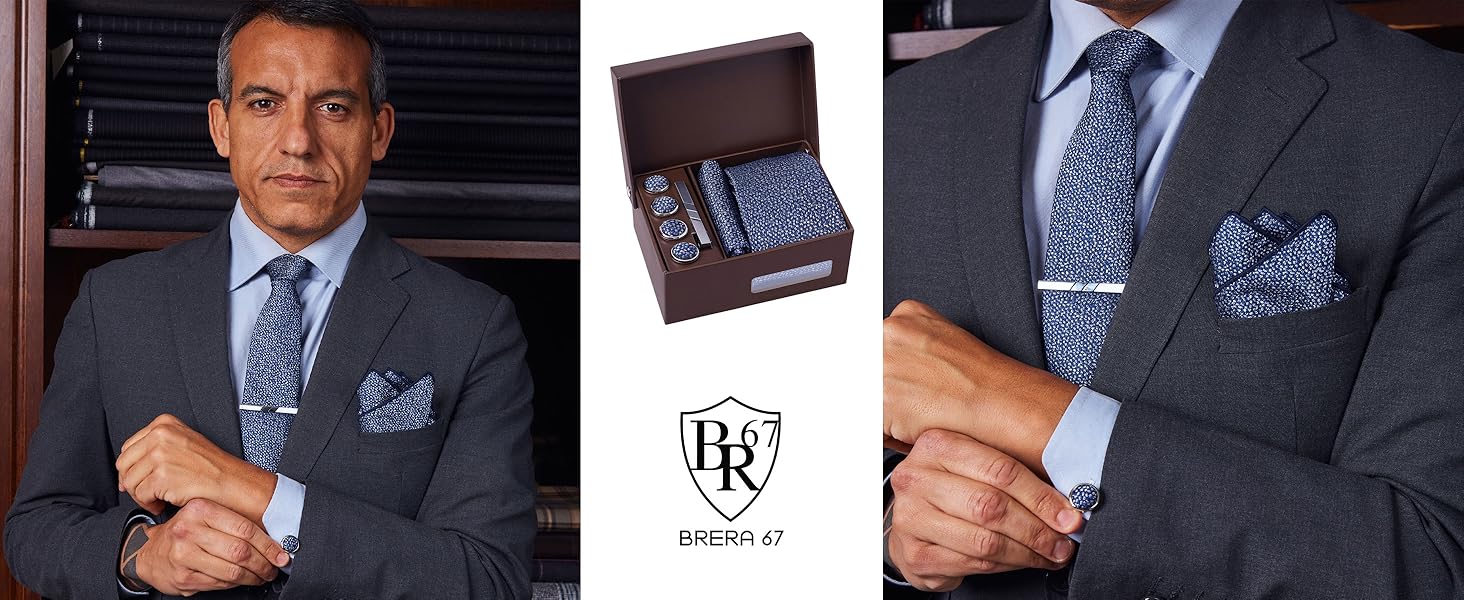 Подарунковий набір для чоловіків: краватка, хустинка, запонки, зажим для краватки, ґудзики для манжетів в елегантній коробці для офісу, весілля, костюма. Жовто-блакитний з мікро-візерунком