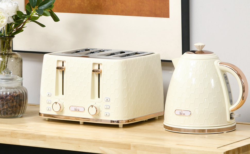 Набір чайник та тостер HOMCOM 1.7L, 4 тости, 7 рівнів підсмажування, автоматичне вимкнення, розморожування, підігрів, піддон для крихт, бежевий