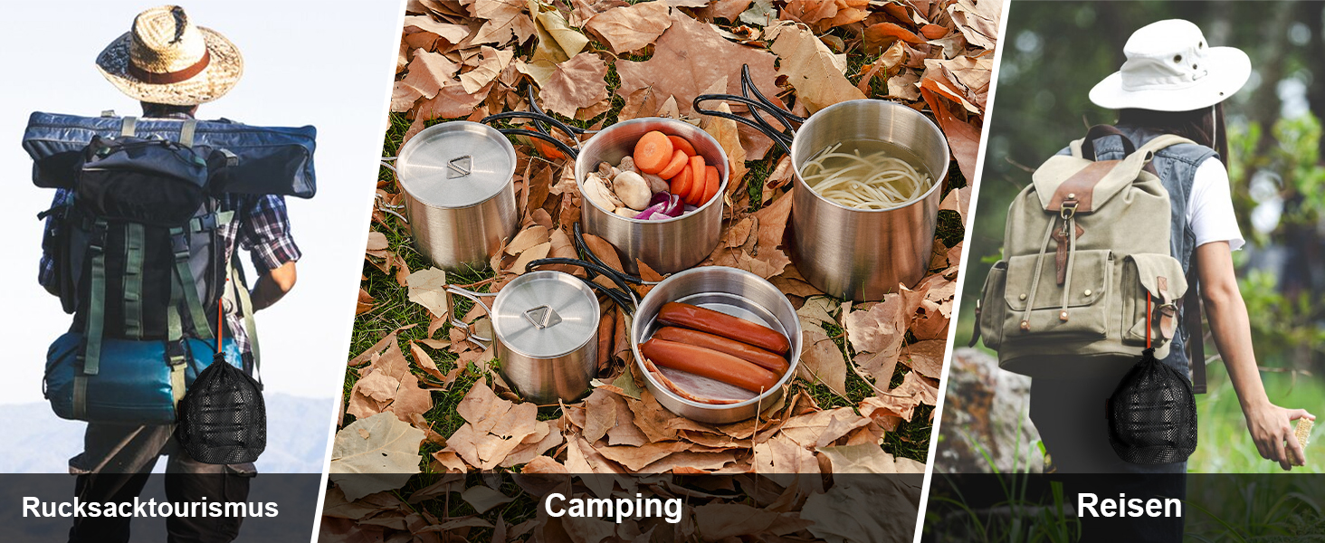 Набір посуду для кемпінгу Odoland з нержавіючої сталі (13 предметів) - посуд для приготування їжі, набір каструль, сковороди, тарілок, мисок, виделок, ножів, ложок для кемпінгу, походів, пікніків