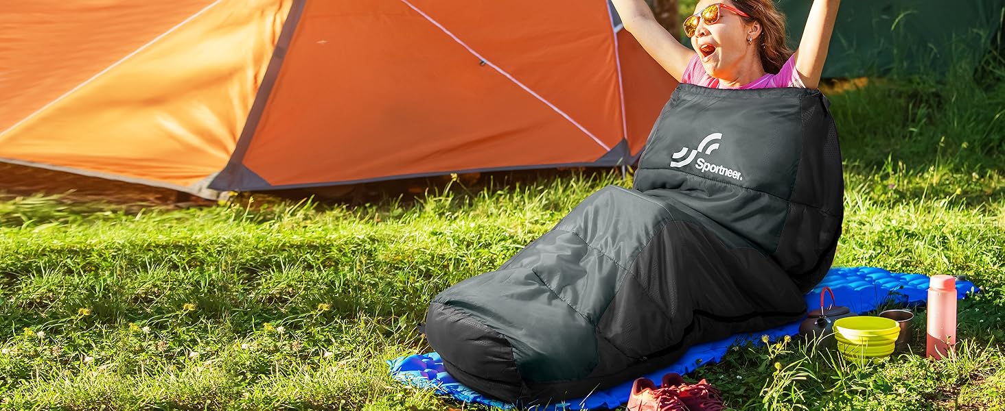 Сплячий мішок Sportneer - компактний та ультралегкий (950г/1500г) - кокон для кемпінгу та подорожей. 3-4 сезонний спальний мішок для чоловіків, жінок та дорослих. Чорний колір.