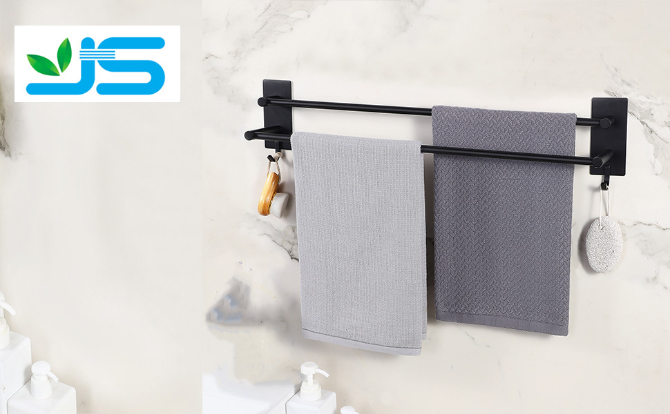 Тримач для рушників на стіну без свердління, нержавіюча сталь SUS304, 3 стійки, 2 гачки, чорний, 60 см