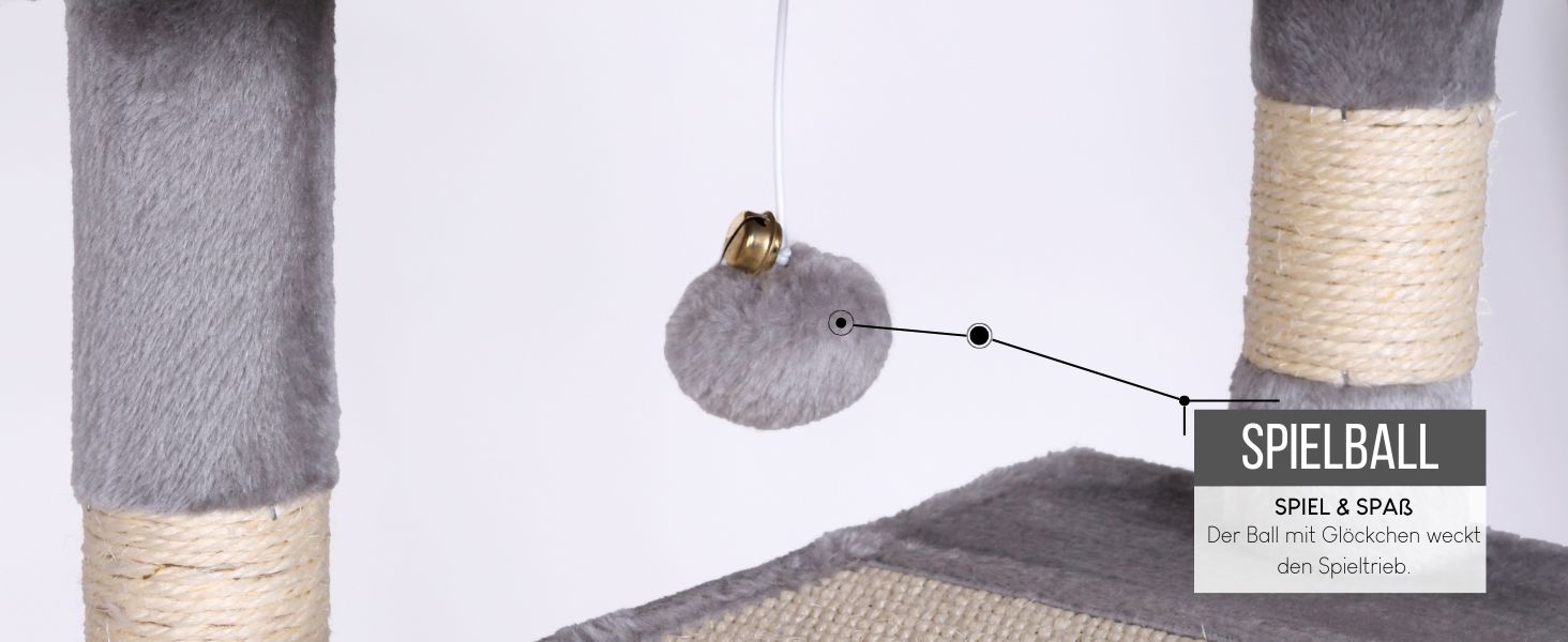 Котячий будиночок Lionto з лежанкою та печерею, 75 см, з сизалевого мотузка та плюшу, 2 м'ячики з дзвіночками, для кошенят та дорослих котів, сірий