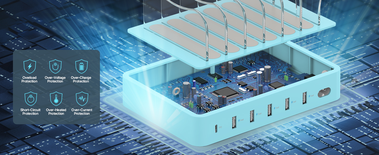 Зарядна станція SooPii USB 60W/12A, 6 портів, органайзер для декількох пристроїв з тримачем для Apple Watch, 6 кабелів (синій)