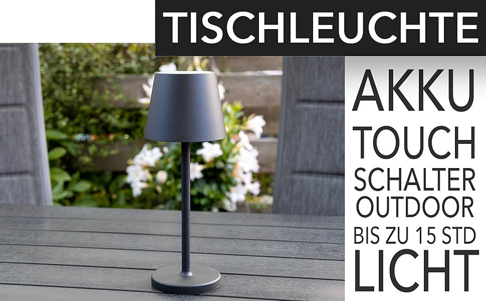 Настільний світильник акумуляторний ChiliTec 30 см LED з димером, USB зарядка, IP44, тепле світло, сенсорний вимикач (Чорний)