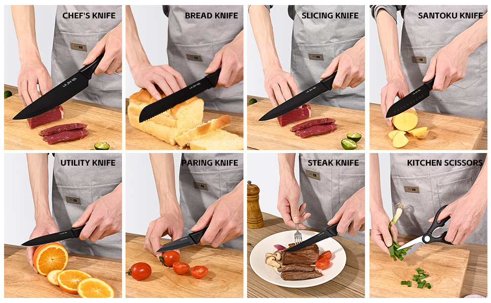 Набір ножів LIN ZHI REN 13 предметів з бруском, чорний. Кухонний набір ножів, ергономічні ручки, безпечний, для миття в посудомийній машині