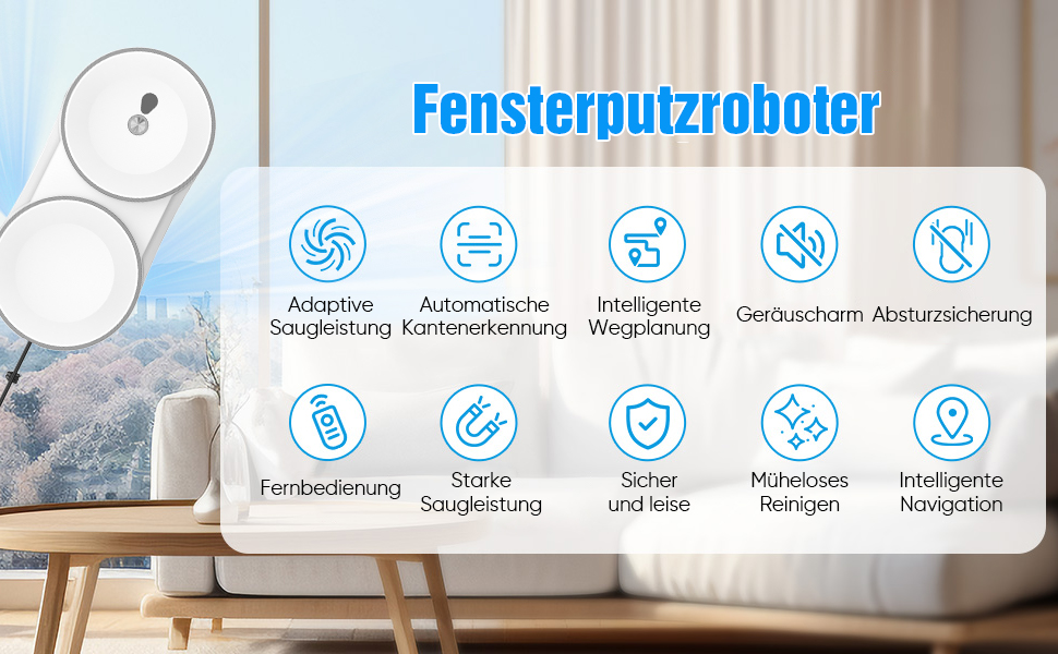 Робот для миття вікон Fensterputzroboter 5600 Па з пультом, 3 режими, подвійне розпилення, навігація, 60 мл, для скла та дверей (білий)
