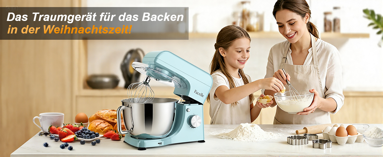 Кухонний комбайн-міксер 1300W з планетарним змішуванням, чаша 5.5л з нержавіючої сталі, 10 швидкостей, набір насадок та захист від бризок, Блакитний