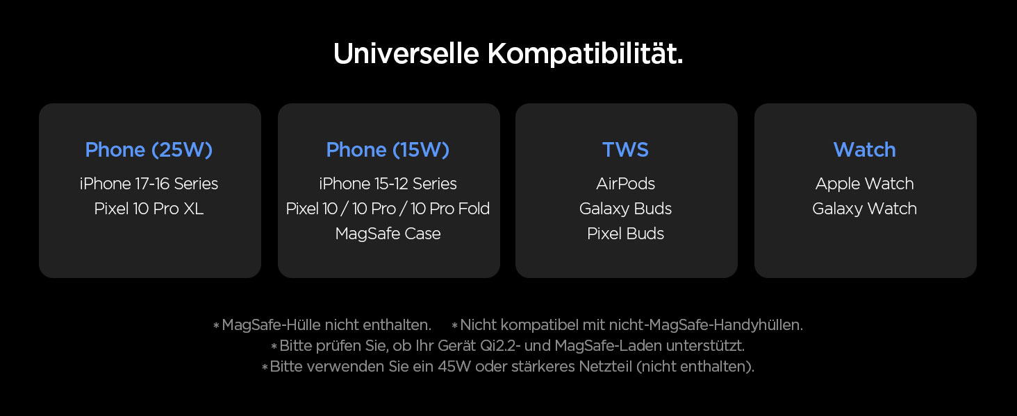 Зарядна станція Spigen Essential Qi2.2 25W 3-в-1 MagSafe для iPhone 17/16 Pro Max, Pixel 10 Pro, AirPods, Samsung Galaxy S26 Ultra - Чорна + USB-C кабель 2м