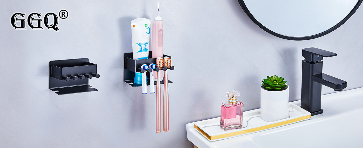 Настінний тримач для зубних щіток GGQ, для електричних та звичайних щіток, без свердління, самоклеючий, з органайзером для пасти, чорний