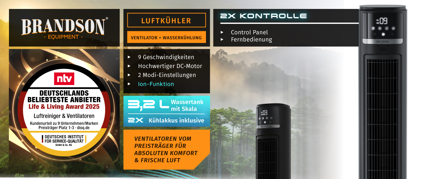 Вентилятор з водяним охолодженням Brandson ECO Design – тихий DC мотор, 9 швидкостей, таймер, іонізація, пульт керування (чорний)