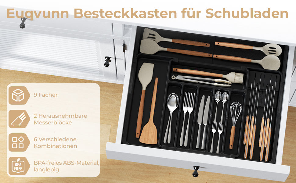 Органайзер для столових приборів в шухляду, розширюваний, 6-9 відділень, з 2 знімними блоками для ножів, чорний