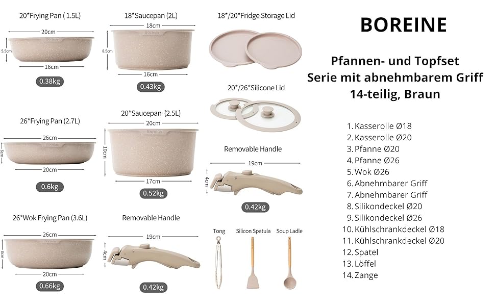 Набір посуду BOREINE 14 предметів: каструлі та сковороди з антипригарним гранітним покриттям (PFOA-free), знімні ручки, для всіх типів плит (індукція, склокераміка, газ, духовка), коричневий