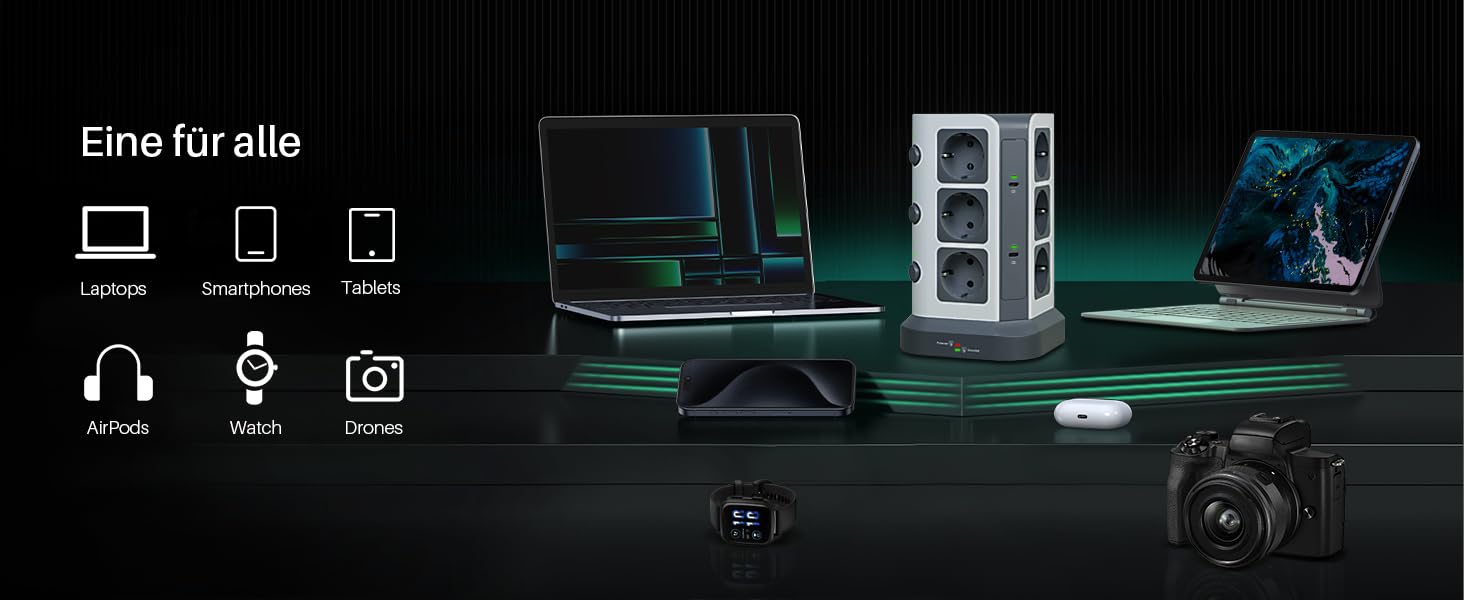 Блок розеток KOOSLA з USB-C, 12 розеток, 3680W/16A, захист від перенапруги (1500J), індивідуальне вмикання, сірий колір, 5м кабель, 65W PD USB-C, 2м