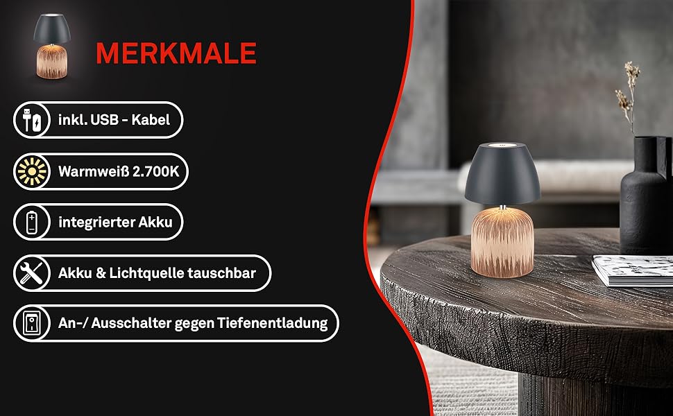 LED лампа BRILONER настільна бездротова IP44 з торканням, регульована яскравість, керамічний цоколь, нічник, лампа для читання, декоративна лампа, настільна лампа, акумуляторна лампа, для вулиці, 13,5x22 см, (антрацит-дерево)