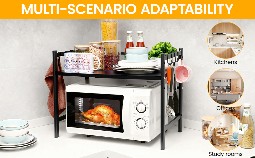 Регульована підставка для мікрохвильовки 2-ярусна, розширювана полиця для кухні з вуглецевої сталі з 8 гачками, органайзер для кухонних аксесуарів, стійка для мікрохвильовки та полиця для зберігання, кухонна полиця для випічки